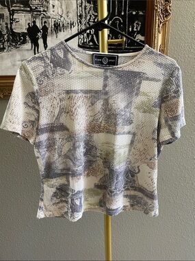 St. John Sport Short Sleeve Crewneck Top in Gray, Cream and Tan